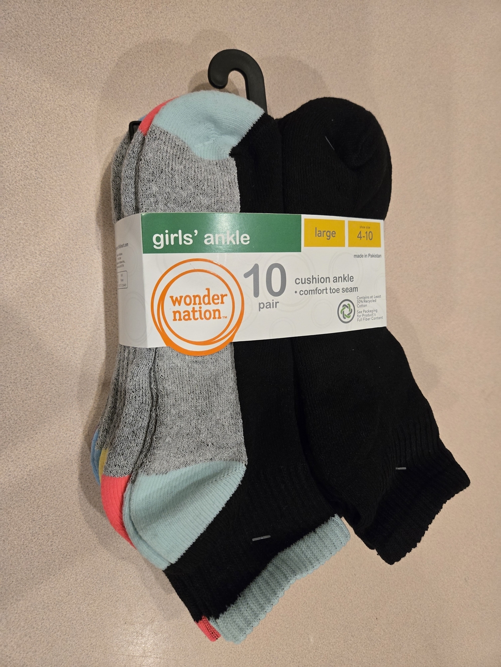 Wonder Nation Girls' Ankle Socks - Black, Gray, Light Blue & Pink (10 Pair)